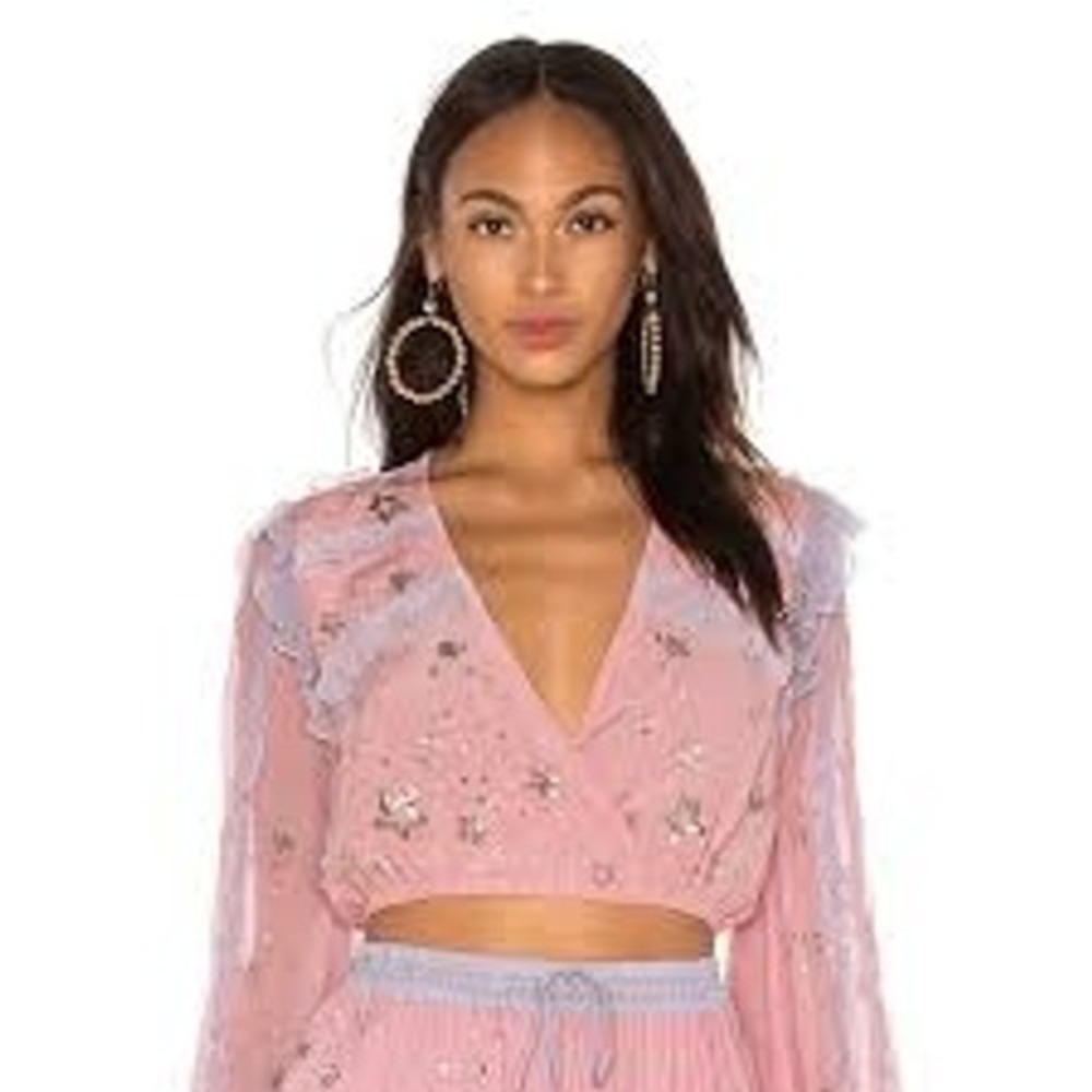 Rococo Sand Top Women S Pink Star Embroidered Sequin Silk Ruffle Boho Blouse